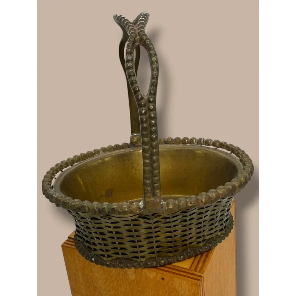Vintage Brass Basket Made in India Woven Oval Basket Handle Cottage Decor